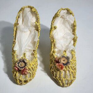 Yellow Sliver Woven 1960s Hand Crochet Miniature Shoes With Floral Accents VTG